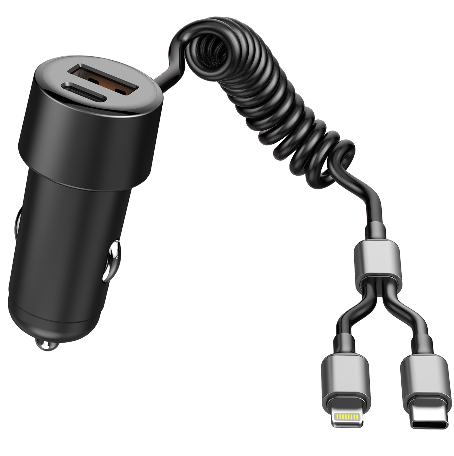 2025 LX Marca de puertos duales 1 USB A 2 USB C con cable de resorte USB C y cable de iluminación Cargador de automóviles de carga rápida