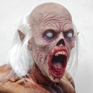 Max 128 chars Horror Zombie Mask with Long White Hair, Bloody Open Mouth Latex