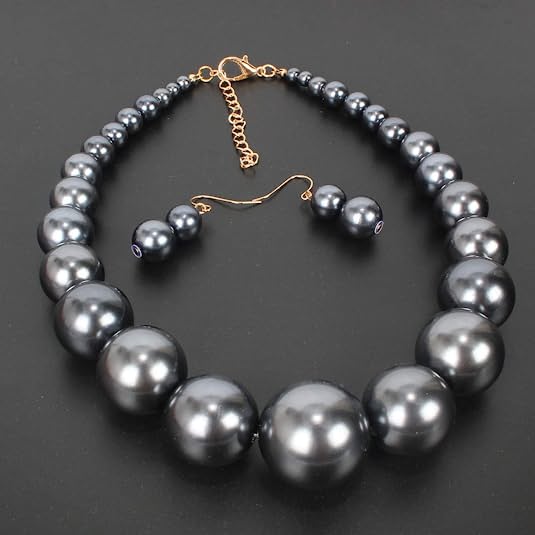 Large Style Big Gray Imitate Pearl Strand Choker Necklace With Earrings Set