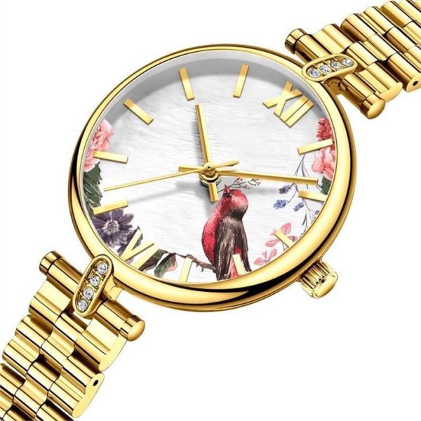 Ladies Floral Print Watch Steel Strap Japanese Movement 3ATM Waterproof