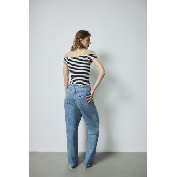 Navy White Striped Black Knitted Custom  Bodysuit Denim Jeans L Size