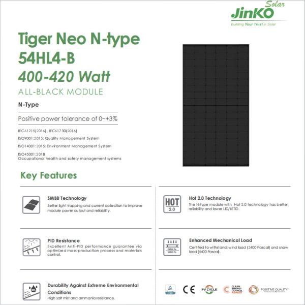 400 Вт 405 Вт 410 Вт 415 Вт Джинко фотоэлектрические модули Тигр Нео N тип монокристаллический полный черный