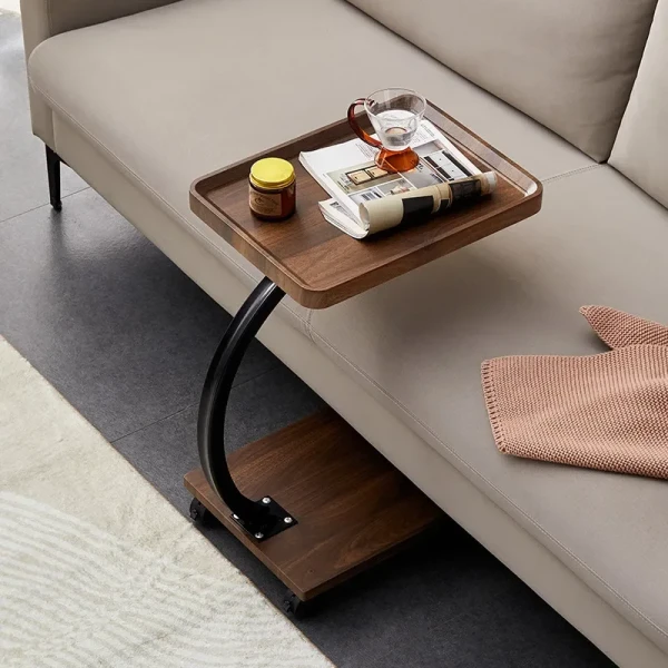 Folded Movable Sofa Side Table Coffee Laptop Corner C Shaped Rack in Living Room Bedroom with Wheels Rosewood