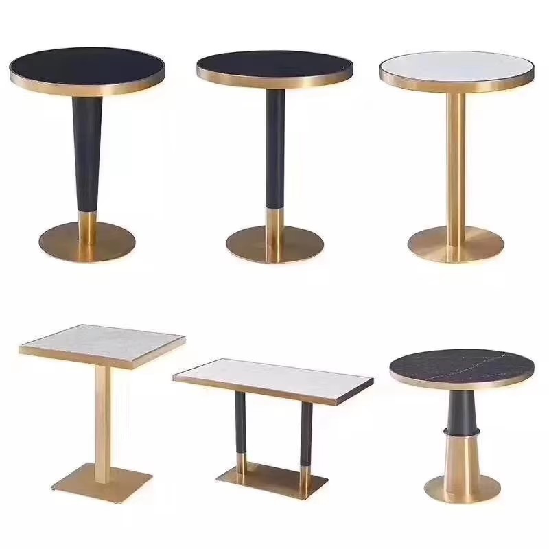 Luxury Restaurant Table with Artificial Marble Sintered Stone Top and Stainless Steel Frame with Gold-plated Edge
