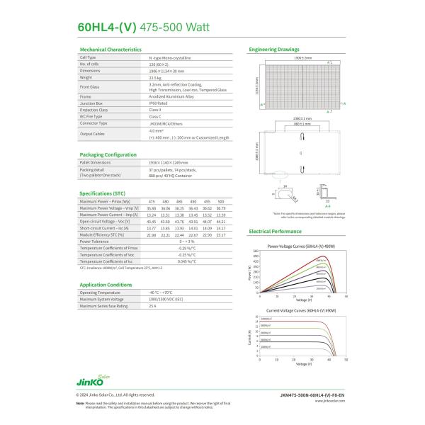Solar Panel JKM475-500N-60HL4- V Mono-facial Smart Module N-TYPE for Solar Energy System