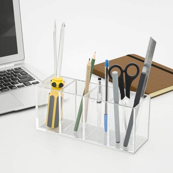 Acrylic Pen Holder 4 Compartments Clear Pencil Holder Organizer Makeup Brush Holder