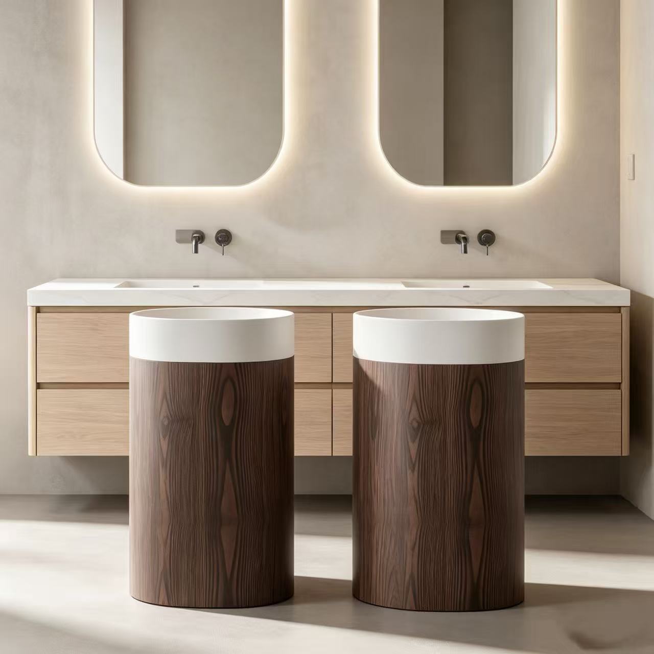 Stain Resistant Travertine Pedestal Sink Woodgrain & White Bowl Custom