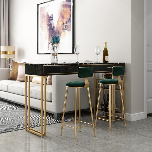 Iron Marble Dining Table Set with 2 Chairs White Marble Surface Gold Powder Coating