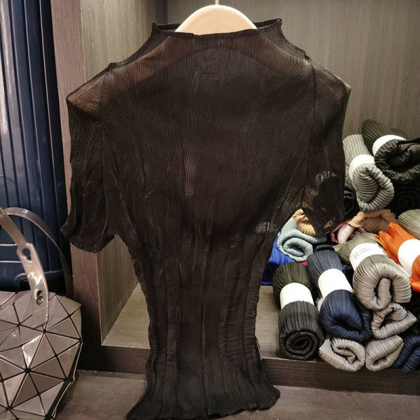 Summer New Thin Satin T-Shirt for WomenTexture High-End Casual Style Short Sleeve Half-High Collar Slightly Sheer Base