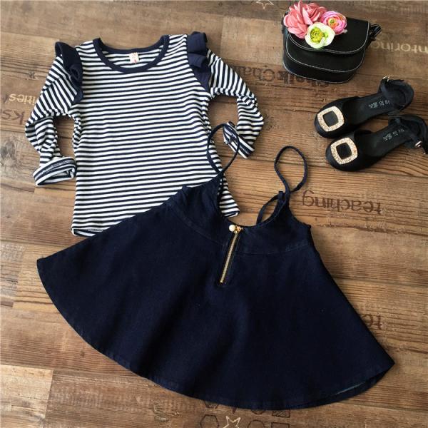 2016 Fashion Girl Colorful Kid's Dress long sleeve Blue and White Stripe Dancing DressT023