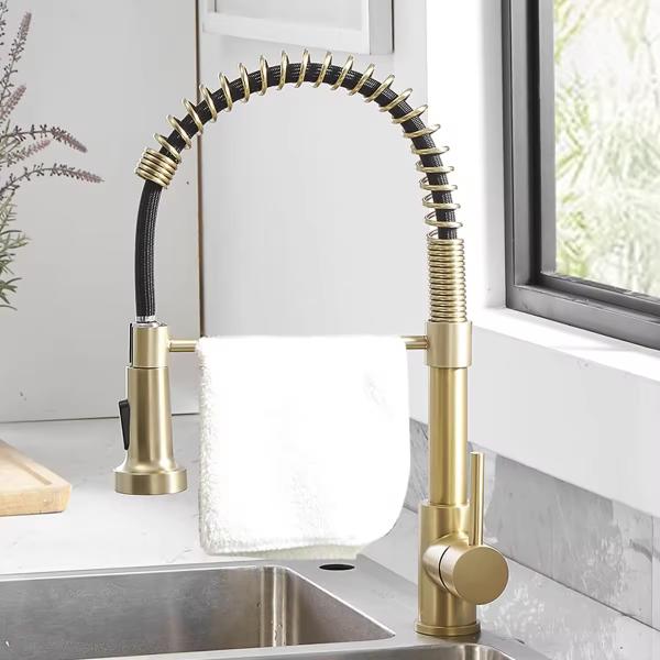 Kicthen Faucet 304 Stainless Steel Gold Pull Down Sprayer Spring Kitchen Mixer Faucet