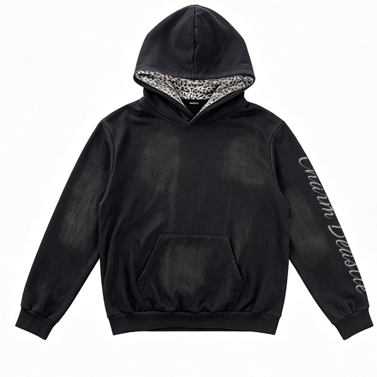 Vintage Faded Washed Hoodie, Leopard Print Lined Hood Oversized Black Sweatshirt for Men