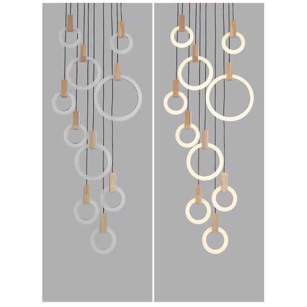 JYLIGHTING Anneaux en acrylique Suspension Lumineuse Escalier Bois Suspendu Moderne LED Lustre Plafond Nordique Salon Hôtel Pendentif
