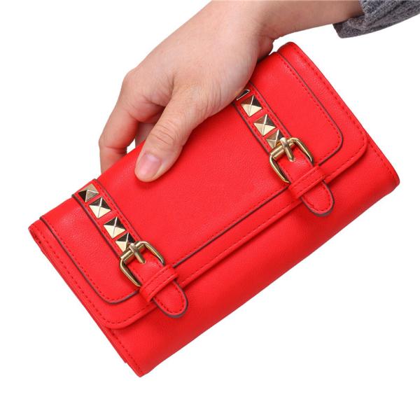 The new solid color long section of the wallet buckle rivets Europe Women's leather wallet