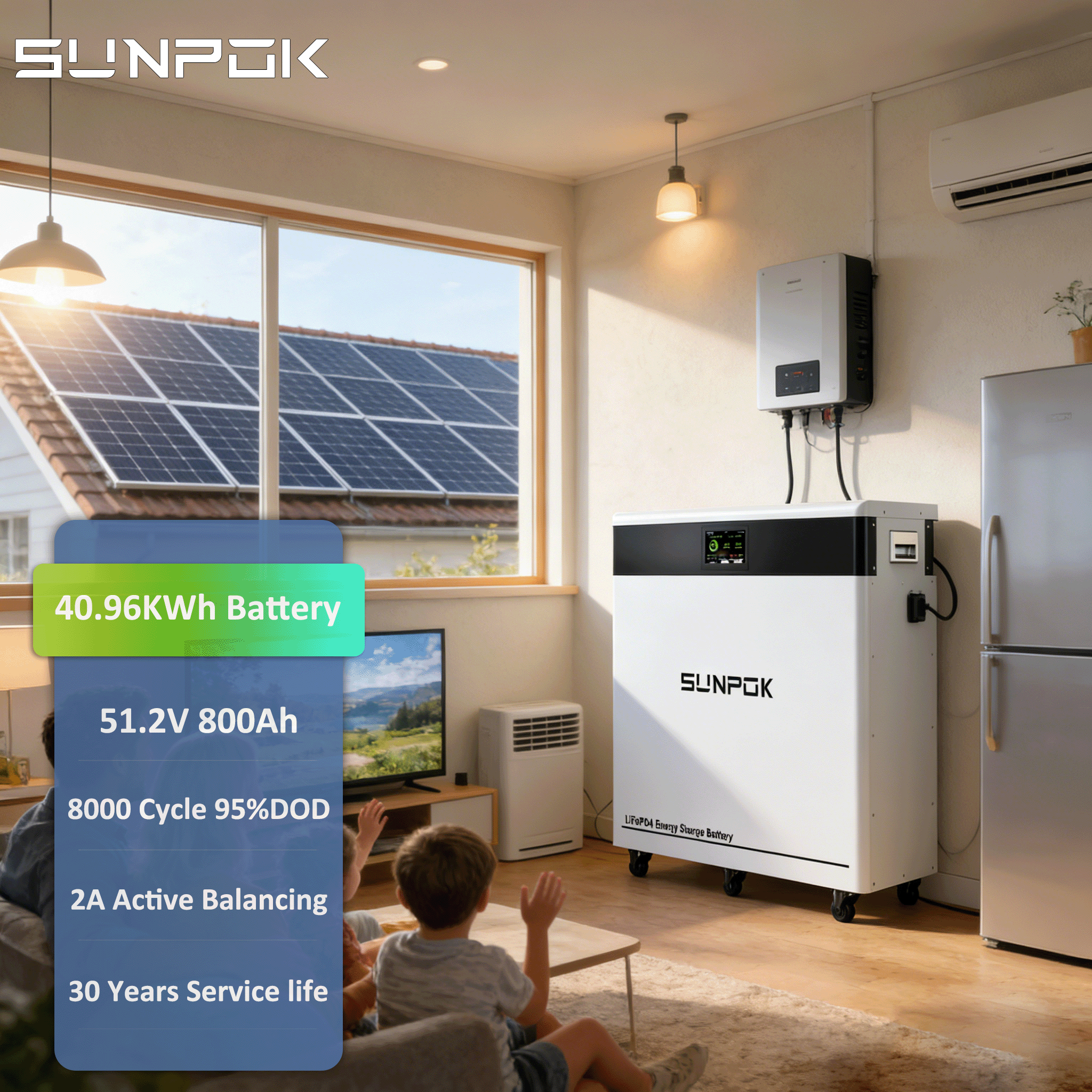 SUNPOK New 40kWh 800Ah 51.2V Large Capacity LiFePO4 Battery Lithium LFP Home Storage System BESS Pack Solar Energy