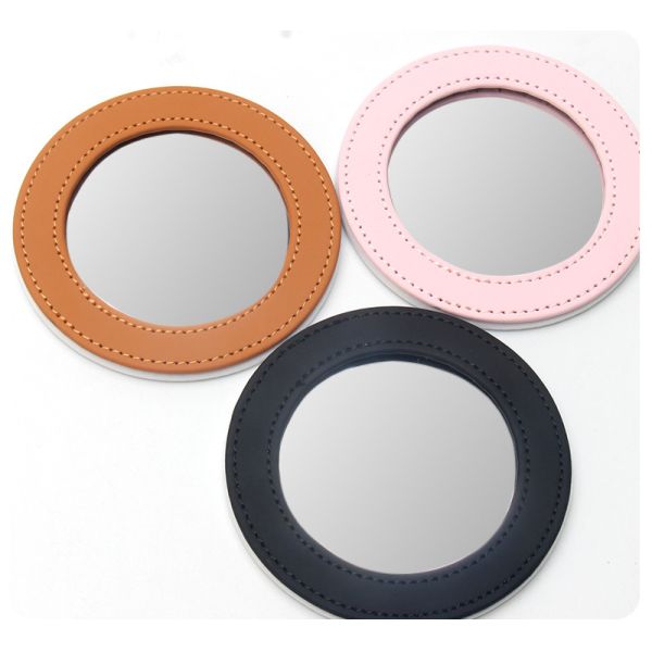 Portable Round Anti Drop Sublimation Leather Wrapped Makeup Mirror Personalized Printing Colored Images And Logos