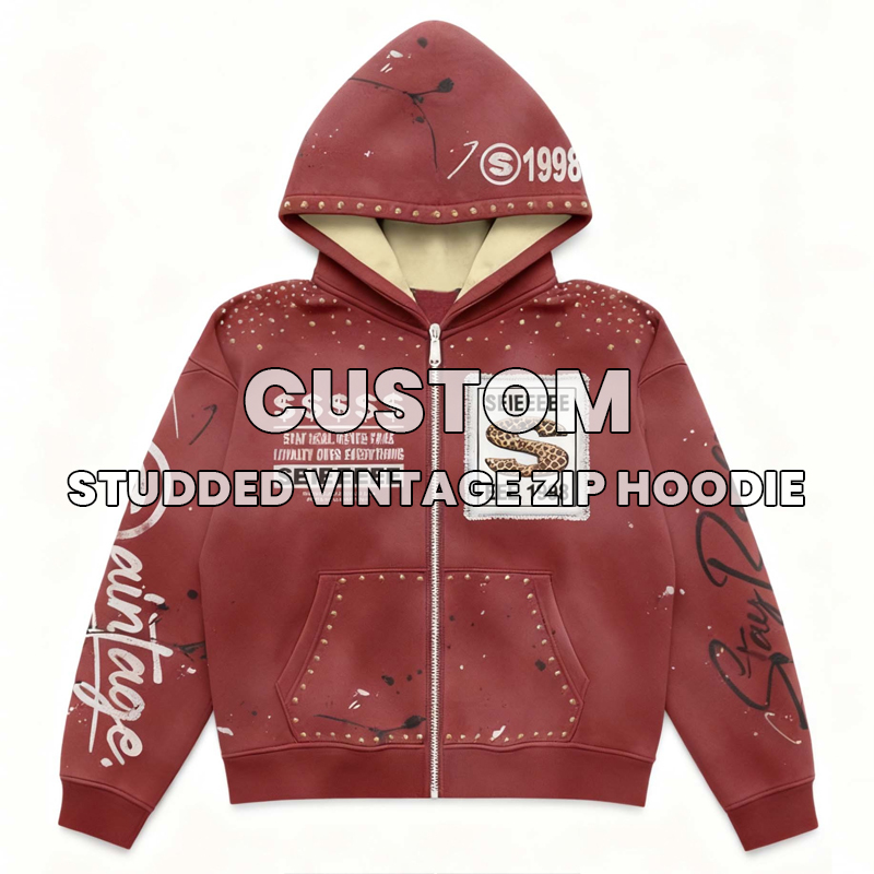 Mingarment Vintage Graffiti Zip Up Hoodie | Men's Old School Streetwear Splatter Print Rivet Patchwork Oversized Sweatshirt OEM ODM Custom