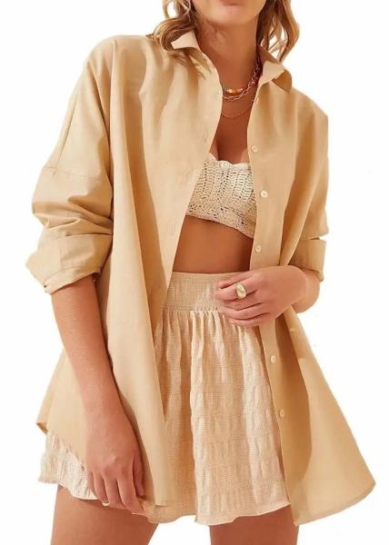                  Factory Support Custom Women′s Long-Sleeved Shirts Solid Color Button-Down Shirts Loose Casual             