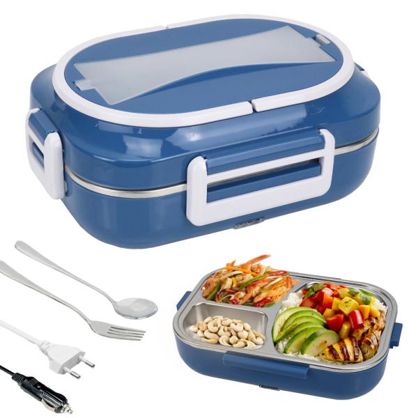 Heated Bento Box Electric Lunch Box 3 Grid Plate Removable Container For Adults Dark Blue