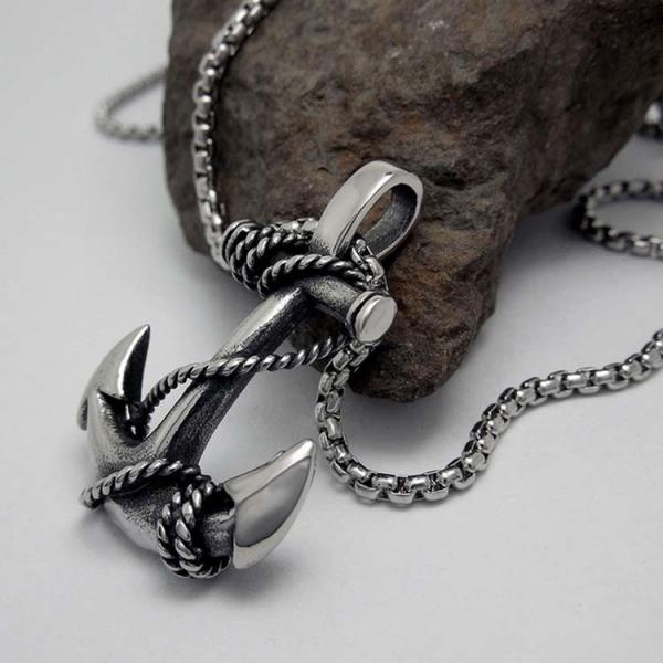 925 Silver Plated Titanium Steel Necklace with Anchor Pendant for Men(SP408)