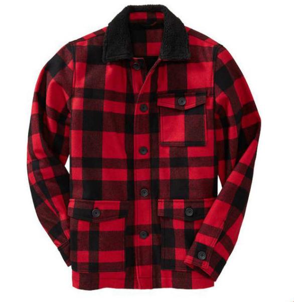 Latest Red Plaid Fleece Style Mens Flight Jacket With Turn Down Collar