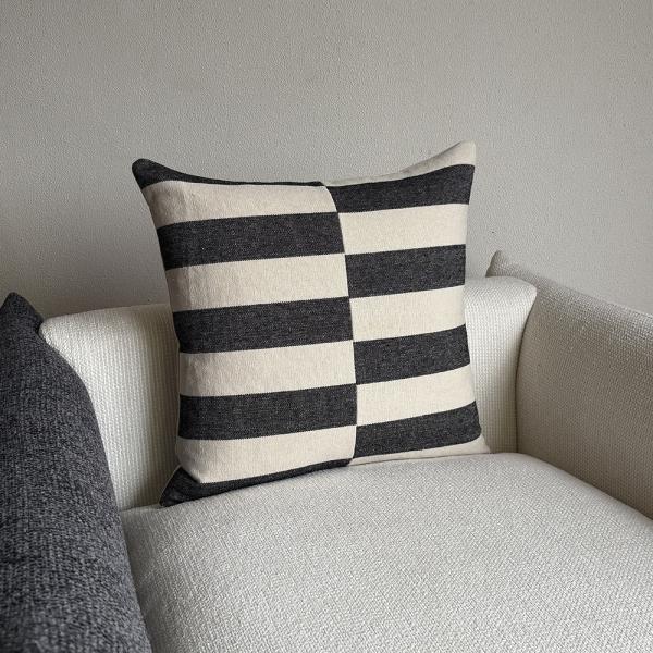 Reversible Black White Striped Throw Pillow with 55% Linen 45% Viscose Cover and 100% Feather Filling