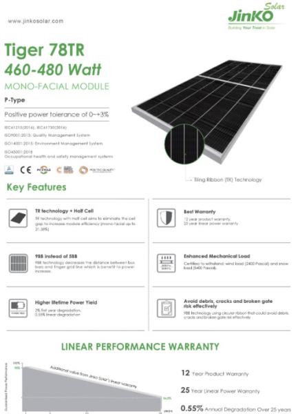 Mono Facial Polycrystalline Solar Panel 480w Jinko Mono Half Cell 182mm JKM480M-7RL3