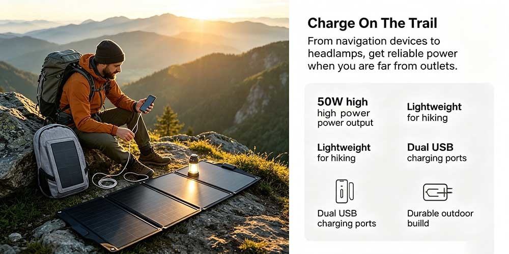 50W Portable Foldable Solar Panel Charger, Backpack‑Friendly Solar Power for Travel