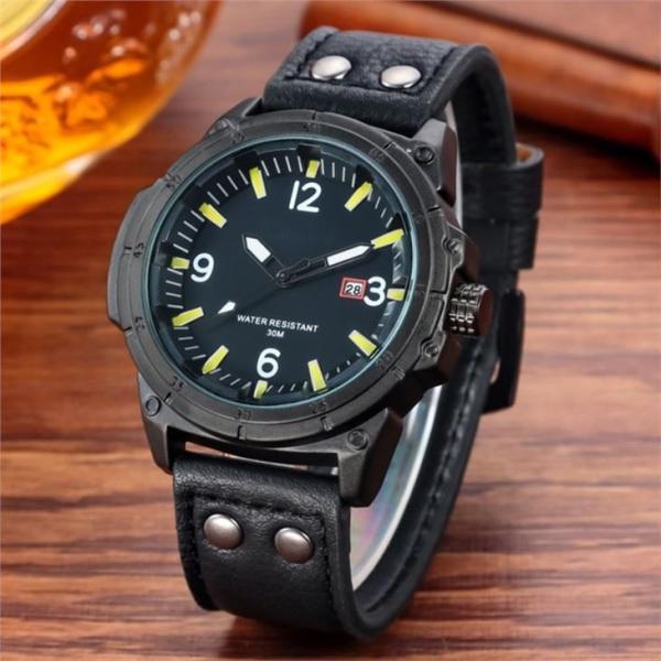 Alloy Quartz Battery Wristwatches Leather Men Cool 3atm Waterproof 46mm Dia