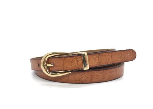 Female Chic Dress Belt Croco Embossed Genuine Leather With Polished Gold Buckle