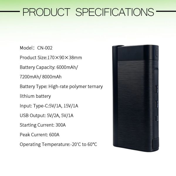 Portable Car Jump Starter with 600A Peak Current 6000-8000mAh Battery Booster Power Bank and LED Flashlight & Emergency Strobe