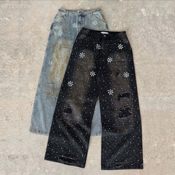 Wholesale Custom Rhinestone Diamonds Baggy Oversized Denim Men's Jeans Flared All Over Printing Outfits High Quality Pants Jeans