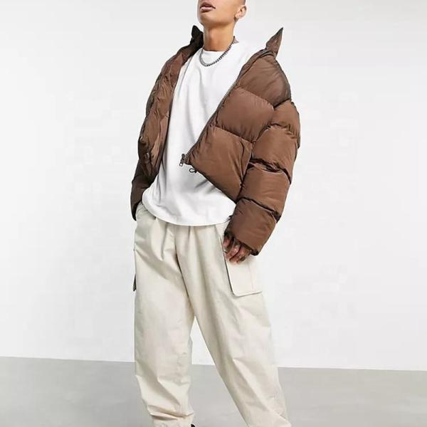 Logotipo personalizado Vestidos de trabajo de color marrón grueso de cultivo superior unisex con almohadilla chaqueta puffer abajo