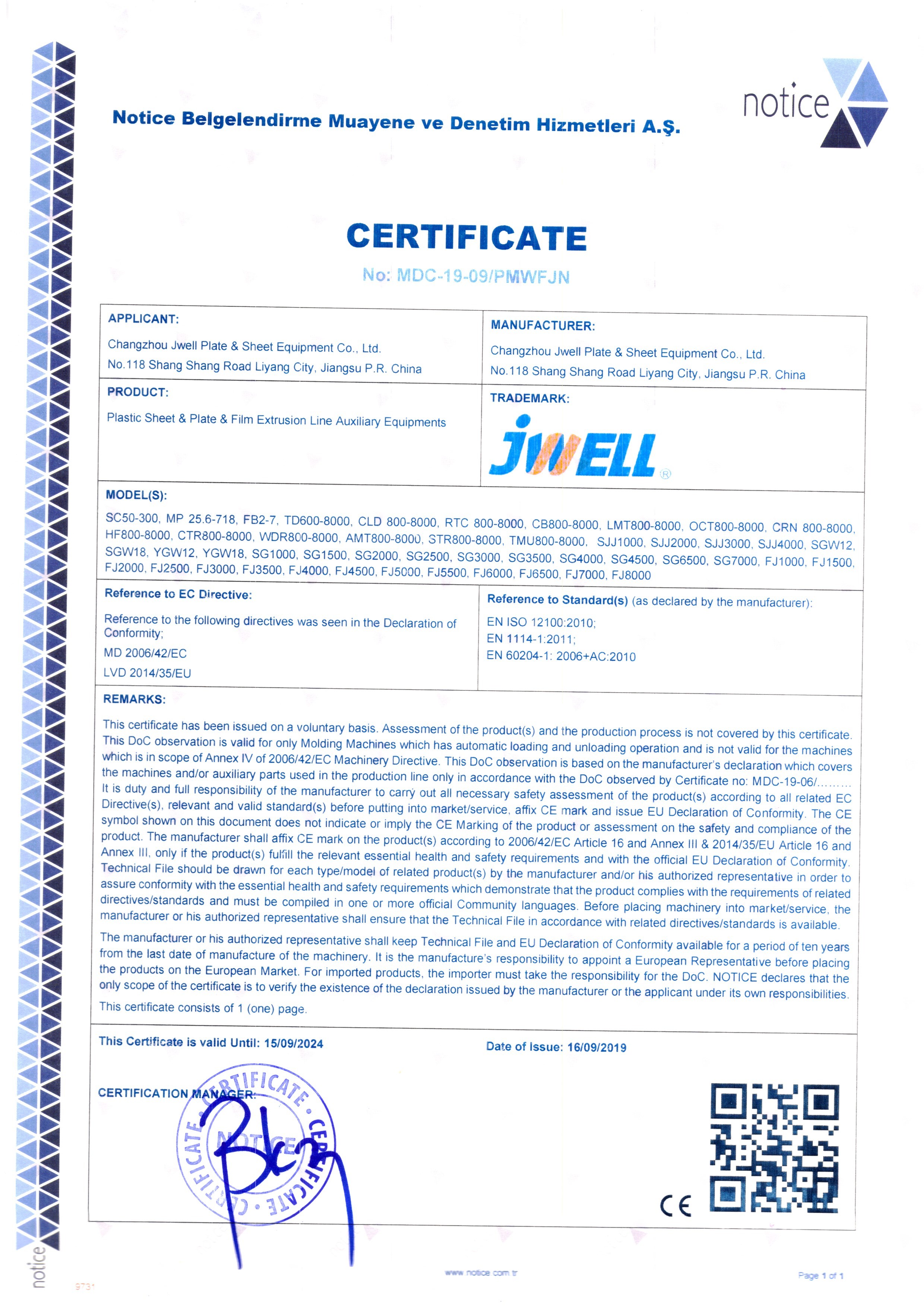 Changzhou JWELL Pipe Equipment Technology Co.,Ltd Сертификации
