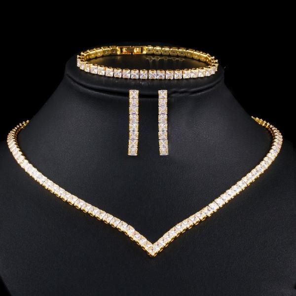 White Gold Color Luxury Bridal CZ Crystal Necklace and Earring Sets Big Wedding Jewelry Sets For Brides