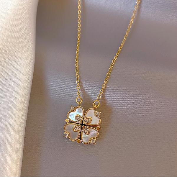 Hot Selling  Clover Heart Necklaces Customize Women Gold Plated Stainless Steel Diamond Leaf  Four Love Hearts Pendant Necklace