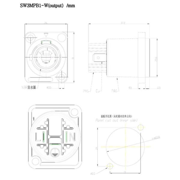 Black IP65 Female Powercon Connector 3 Pin LED Outdoor Use 250V/20A Chassis Connector
