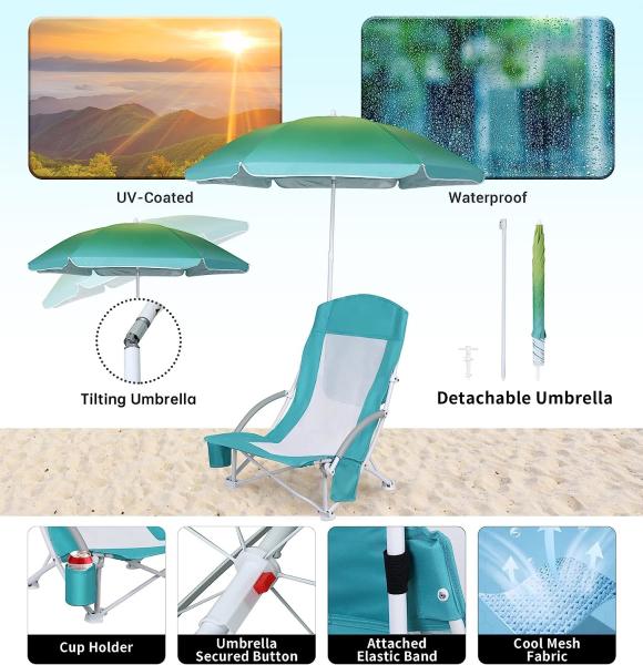 Camping Folding Chair With Umbrella, Recliner Chairs, Beach Chair Adults Camping Chair High Back with Umbrella