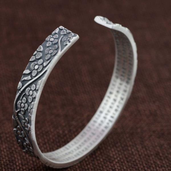 Women Sterling Silver Engraved Flowers Buddhist Sutras Retro Cuff Bracelet Bangle (SZ0161)
