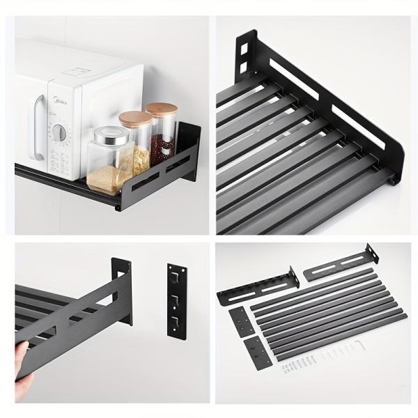 Wall Mount Microwave Oven Shelf Rack for Kitchen Home, Stainless Steel Counter Countertop Holder with 5 Sliding Hooks