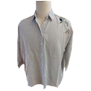 Blusa listrada azul e branca do algodão das senhoras do bordado