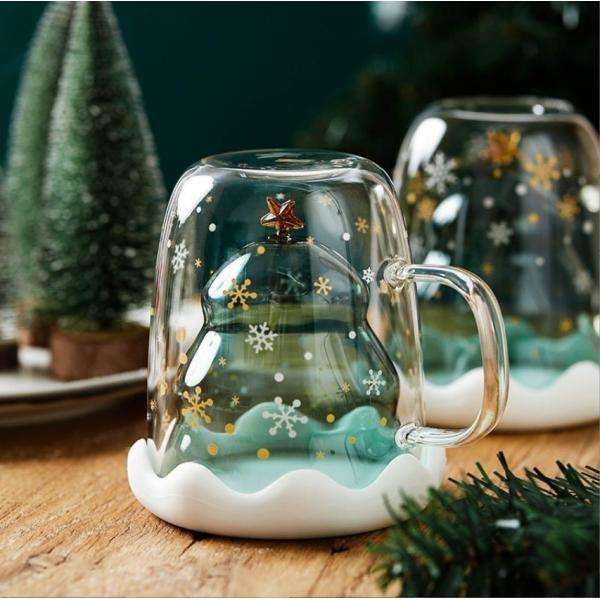 Custom Xmas Gift 200ml Double Walled Glass Coffee Cup with Christmas Tree Design