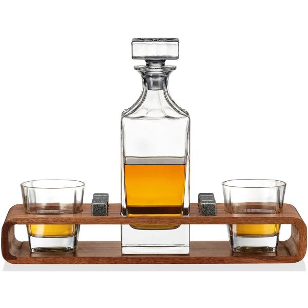 Custom Whiskey Decanter Set With Wood Stand and Chilling Stones for Party Celebrations