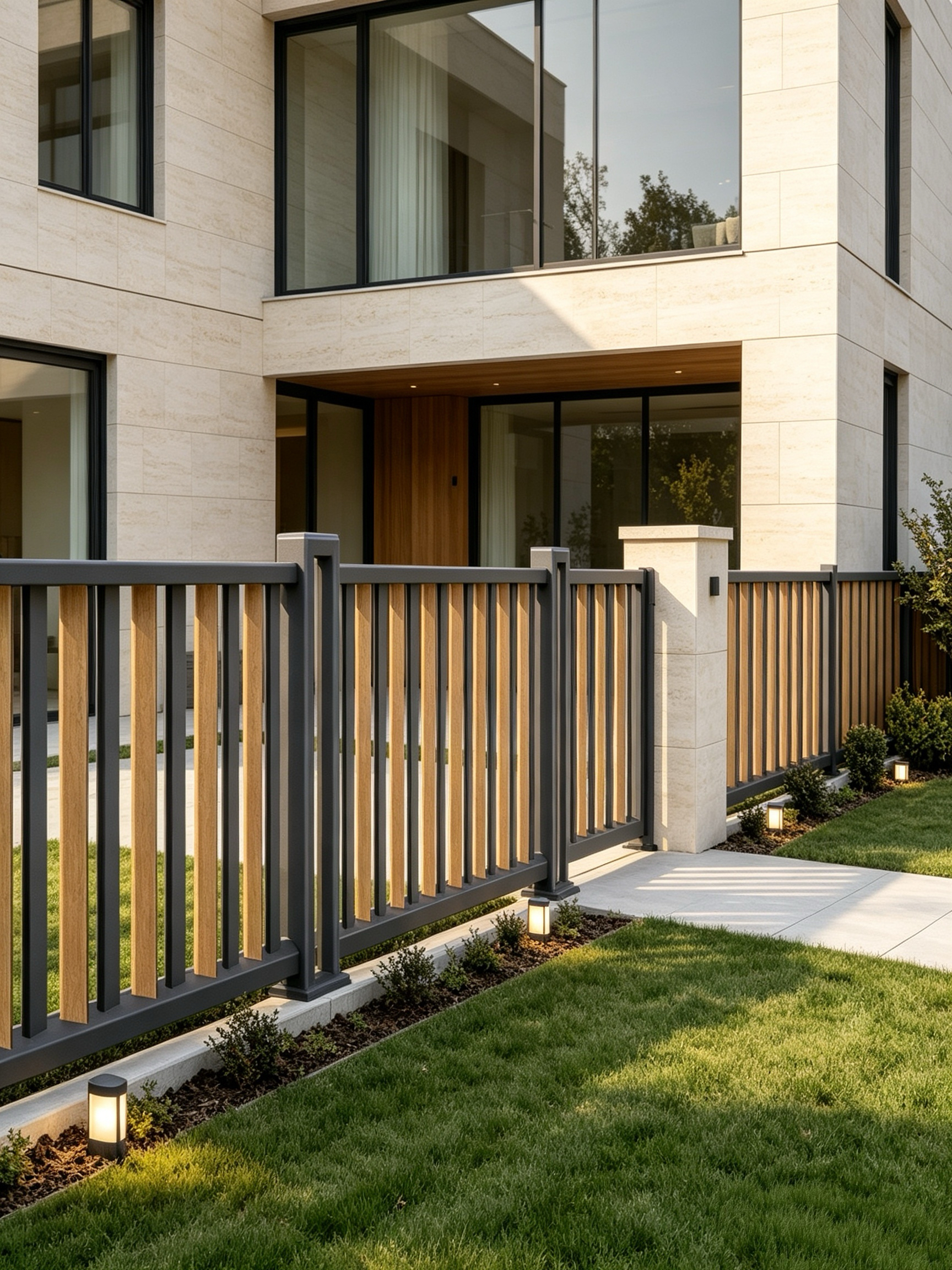 Custom Villa Aluminum Fence with Vertical Slat Wood Look and Matte Finish for Outdoor Backyard