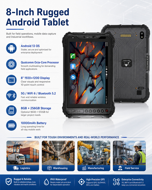 RFID Rugged Tablet for Inventory Management 8 Inch Links Assets Data and Field Reports