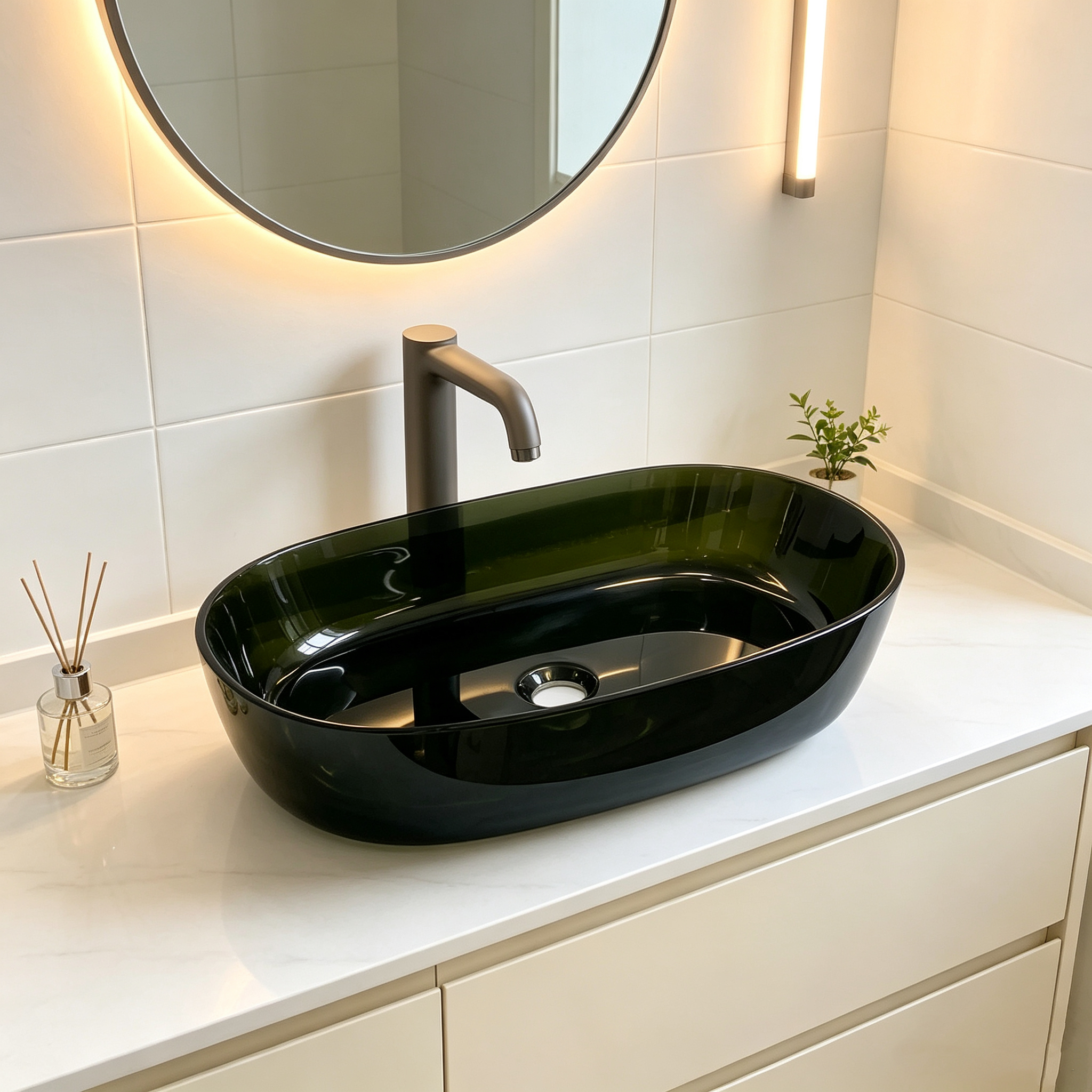 Dark Green Resin Oval Solid Surface Basin Vessel Sink Glossy Countertop For