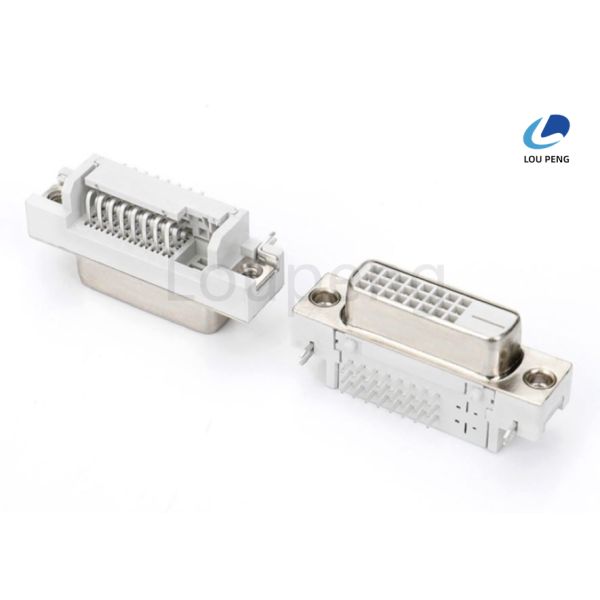 24+1pin 90 degree DVI connector, female, semi-gold white glue, riveted harpoon, 1.30mm positioning post, 2.30mm tail end, riveted.