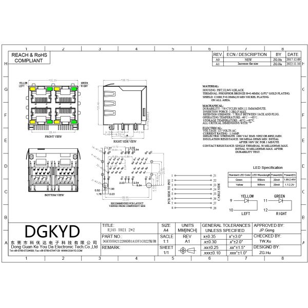 RJ45 Ethernet socket with light and shielded communication interface Metal Shielded 2X2 double deck 4 port RJ45 connectors without transfomer DGKYD59212288DB1A1DY1C022