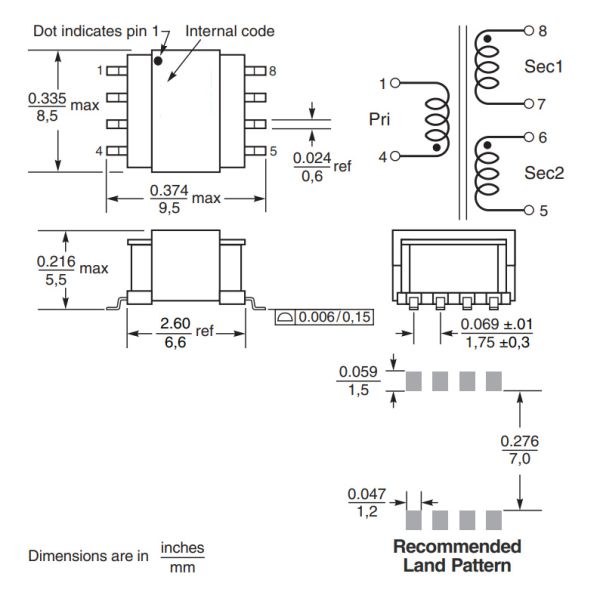 4+4 Pins Surface mount Isolated Buck Transformer for isolated GaN gate drivers ZE2774-BED