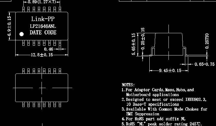 Фильтр модулей LP21646ANL трансформаторов XF68066B 10 BASE-TX низкопроходный
